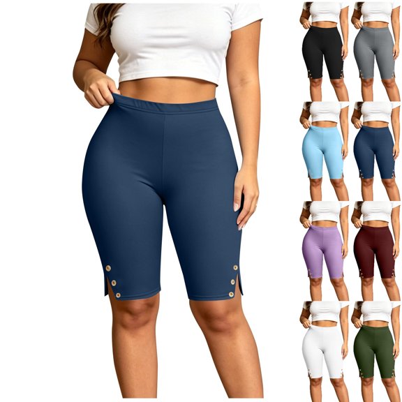 Vhkiploz Plus Size Summer Bike Shorts for Women's Elastic High Waist Beach Yoga Running Shorts Solid Side Split Sporty Workout Athletic Shorts, L-5XL