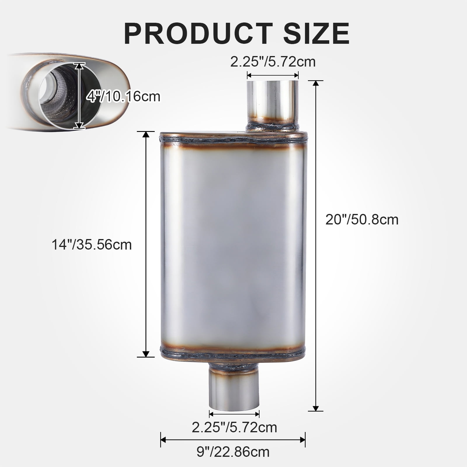 Universal Exhaust Muffler 409 Stainless Steel Performance Muffler for Cars Trucks, 2.25" Inlet (ID) 2.25" Outlet (ID), center - offset