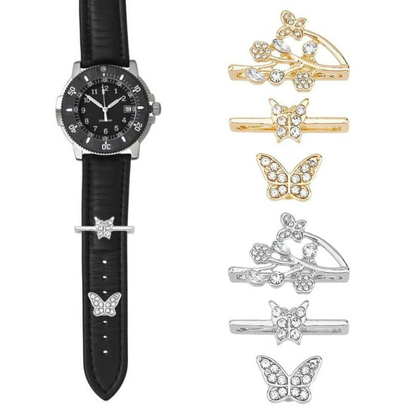 3 Styles 2 Colors Watch Band Charm Alloy Watch Band Series Decorative Ring Loops Rhinestones Watch Strap Charms Platinum Light Gold Butterfly and Flower Slide Accessories DIY