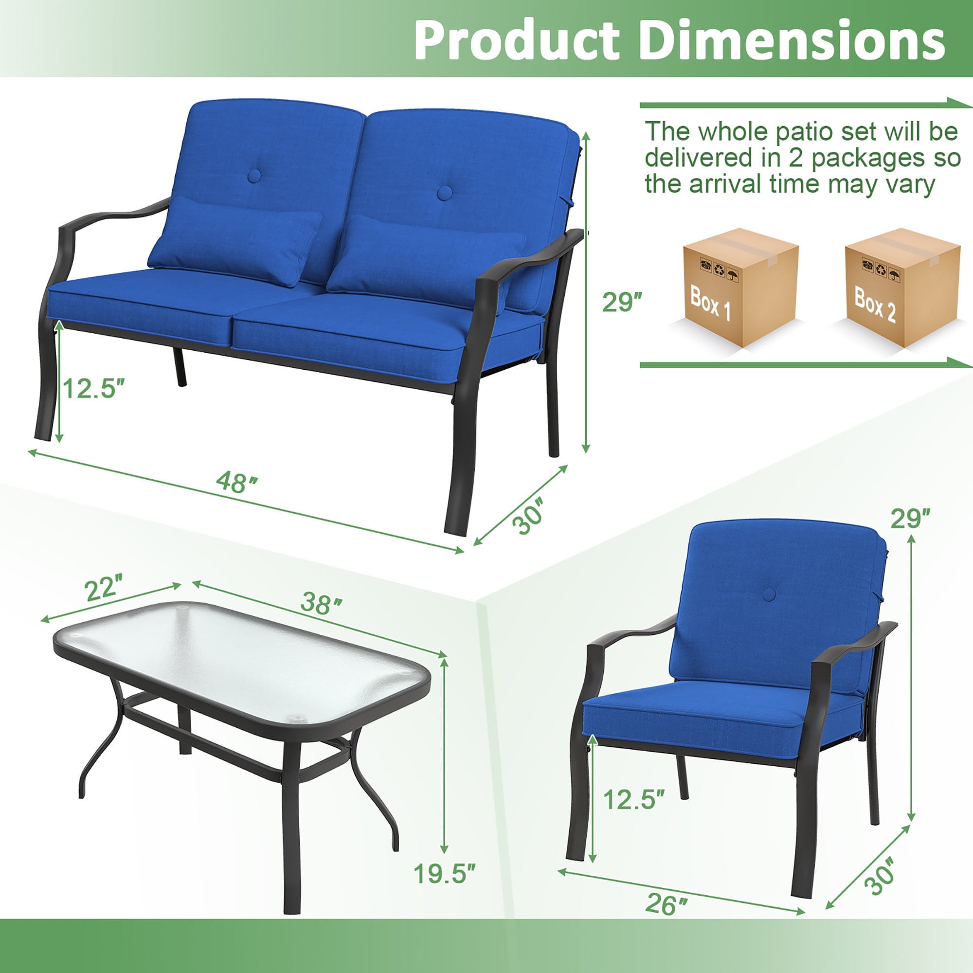 Gymax 2 PCS Patio Metal Chairs Outdoor Dining Seat Heavy Duty w/ Cushions Garden Blue