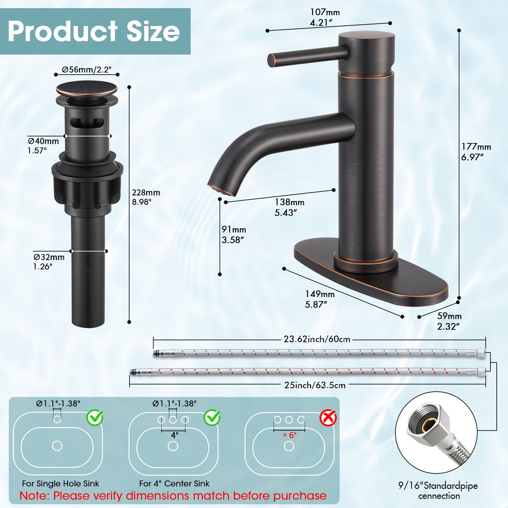 Wowkk Sanitary Ware Bathroom Faucets Stainless Steel Single Handle Bathroom Sink Faucet with Pop up Drain and PEX Encrypted Hose, Modern Bathroom Faucets for Sink 1 or 3 Holes, Oil Rubbed Bronze