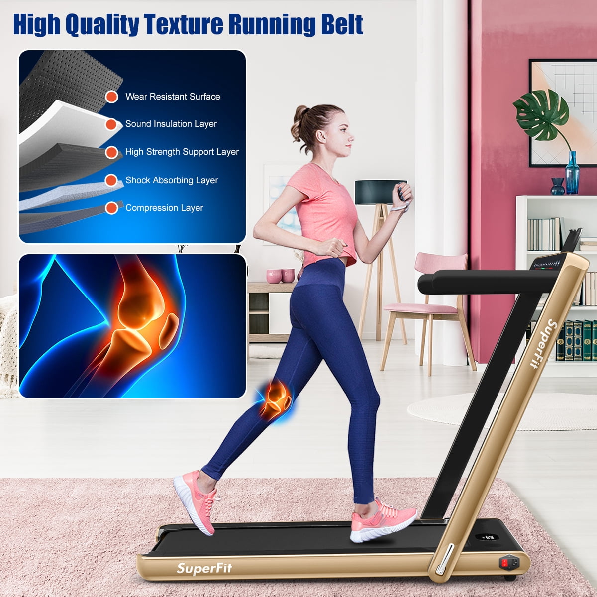 Gymax 2 in 1 Folding Treadmill 2.25HP Running Machine w/ Dual Display Gold