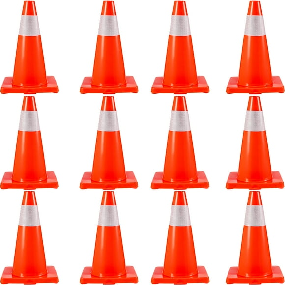VEVOR 12Pack Traffic Cones, 18" Safety Cones, PVC Orange Traffic Cone with Reflective Collar, for Road Parking Training Cones