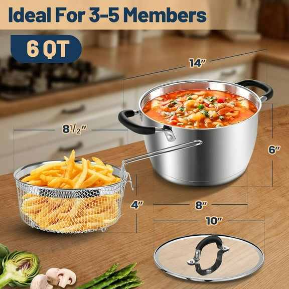 6 Quart Stainless Steel Stock Pot with Lid, Deep Fryer Basket for Kitchen Cooking, Induction Ready
