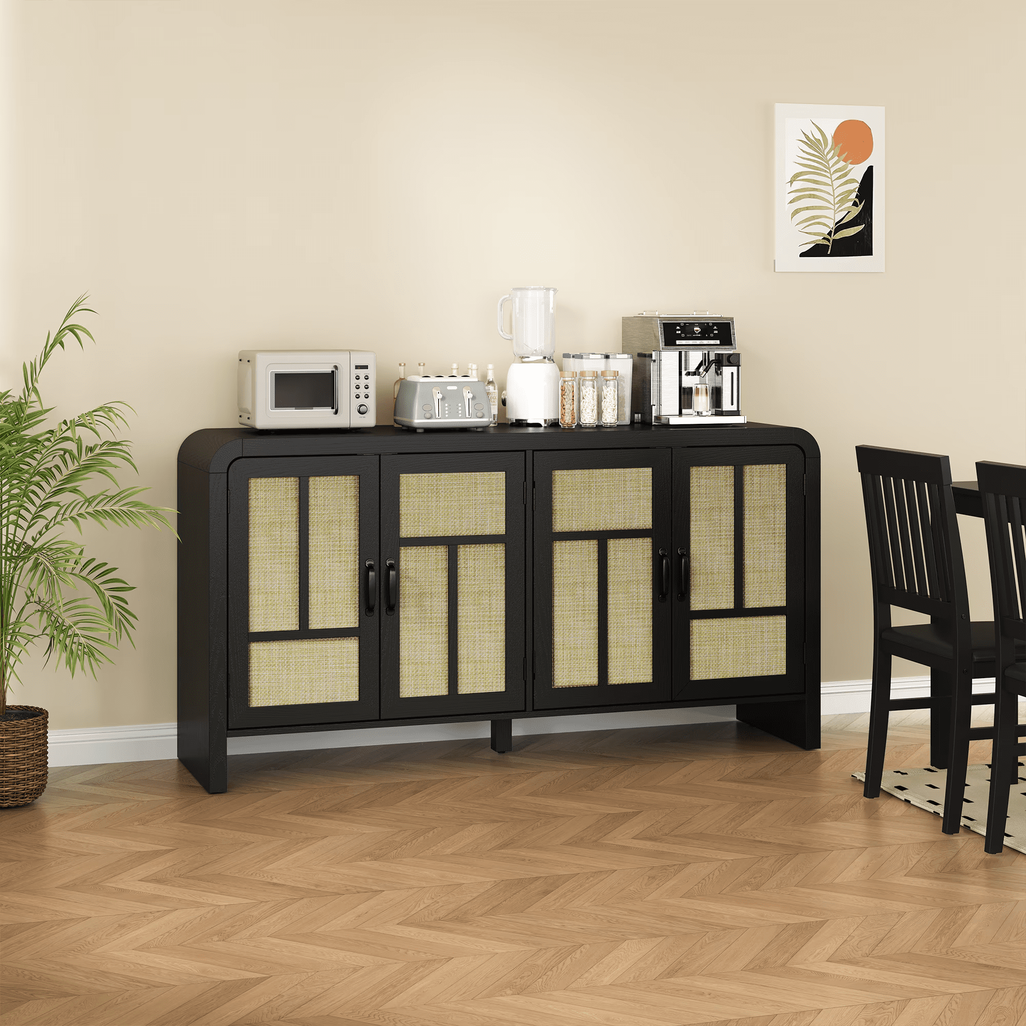 Mintazer Rattan Sideboard Buffet Cabinet with Storage, 59'' Large Boho Storage Cabinet with Adjustable Shelves for Kitchen, Entryway, Dining Room, Living Room, Black