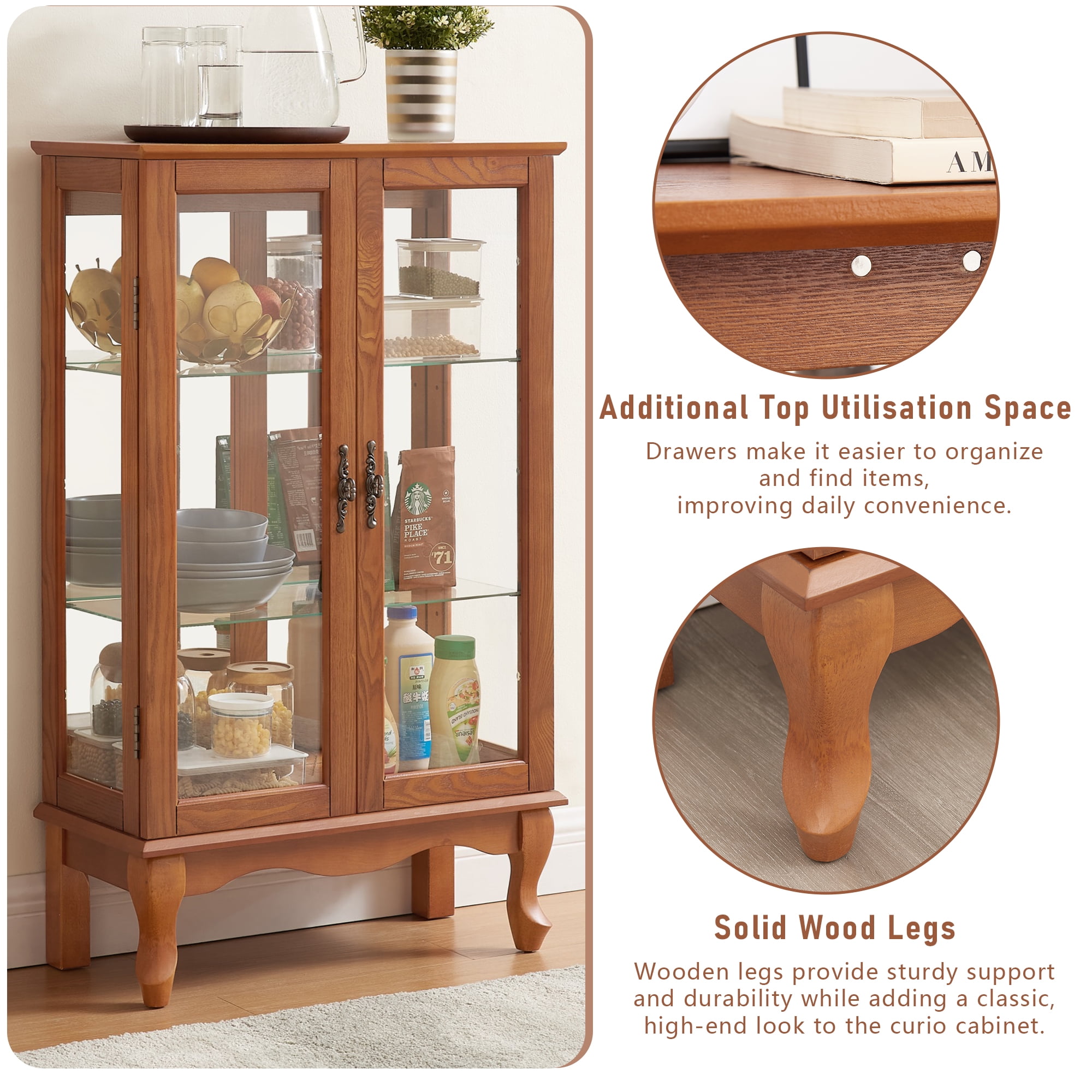 Miniyam Curio Display Cabinet with Light & Tempered Glass Doors, Oak
