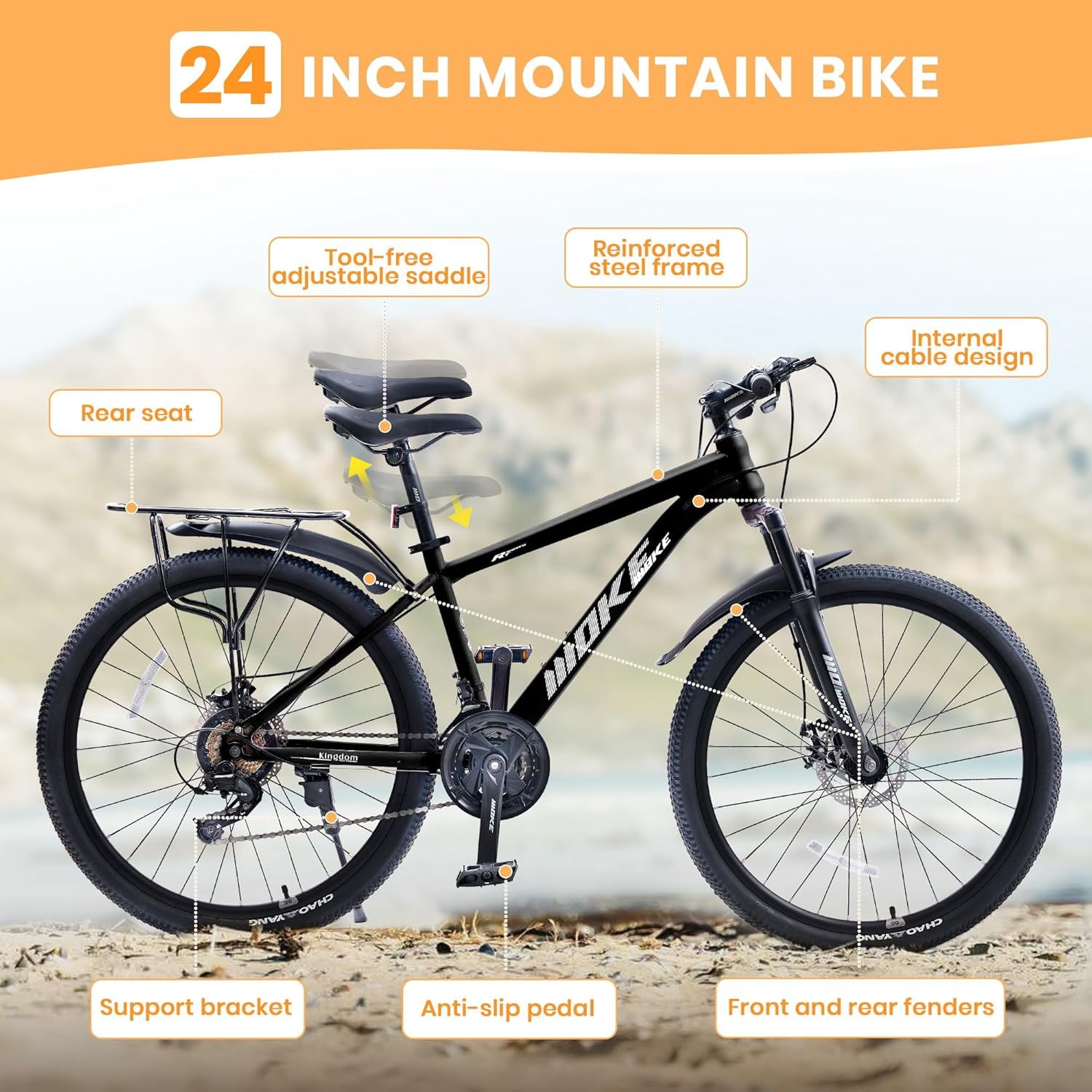 NEORIVER 24 Inch Kids Mountain Bike for Boys and Girls 6+, 21-Speed All-Terrain Bicycle with Suspension Fork, Dual Disc Brakes, Rear Rack & Internal Cable Routing