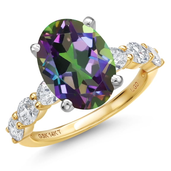 Gem Stone King 14K Two Tone Gold Green Mystic Quartz and Lab Grown Diamond Engagement Ring for Women | 4.90 Cttw | Oval 12X10MM | Gemstone Birthstone | Size 8
