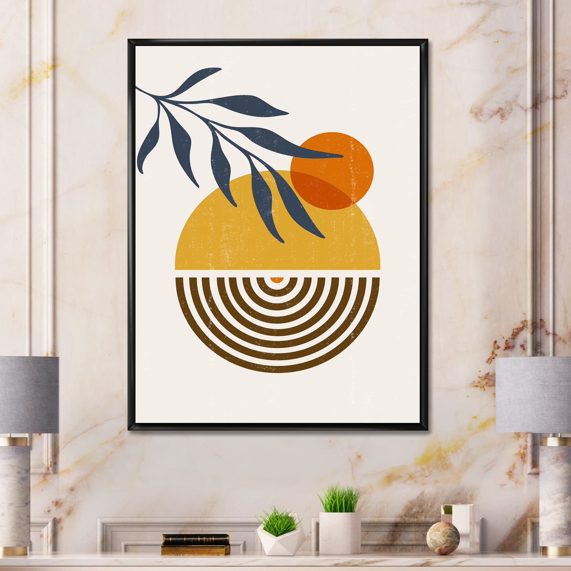 Designart 'Abstract Shapes With Botanical Minimalist Leaf IV' Modern Framed Canvas Wall Art Print