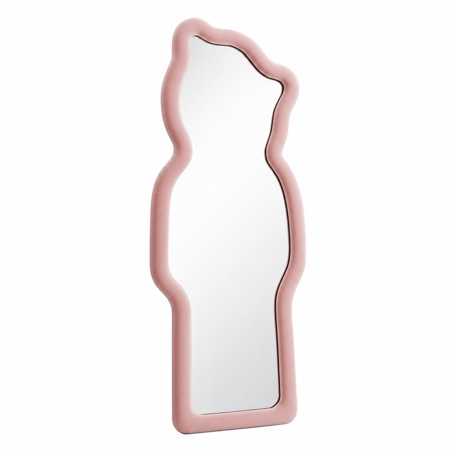 Gleamira 63"x24" Full Length Mirror Bear-Shaped Irregular Floor Mirror Flannel Wrapped Wooden Frame Hanging Leaning Mirror, Pink