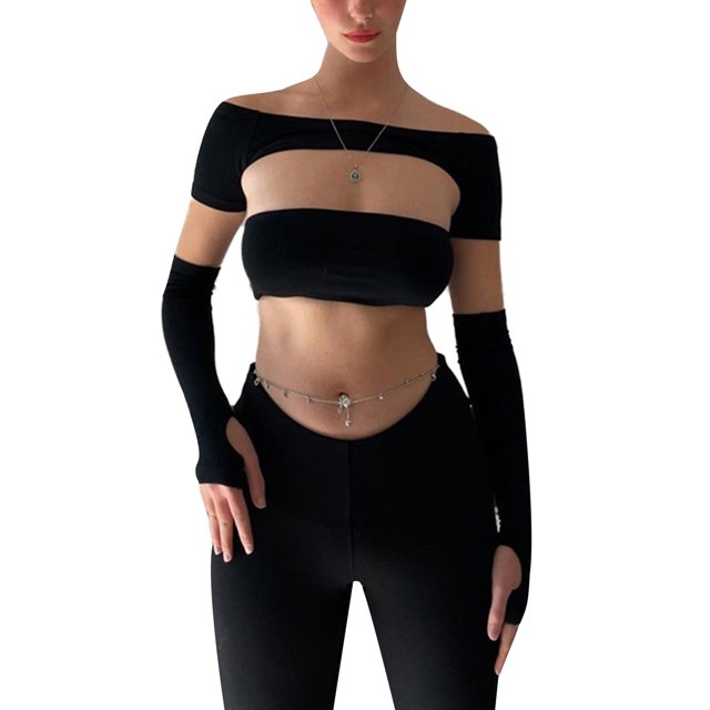 VISgogo Conjunto de ropa de verano para mujer Tops de tubo de color sólido de moda con tops cortos de manga corta y mangas de brazo VISgogo moda