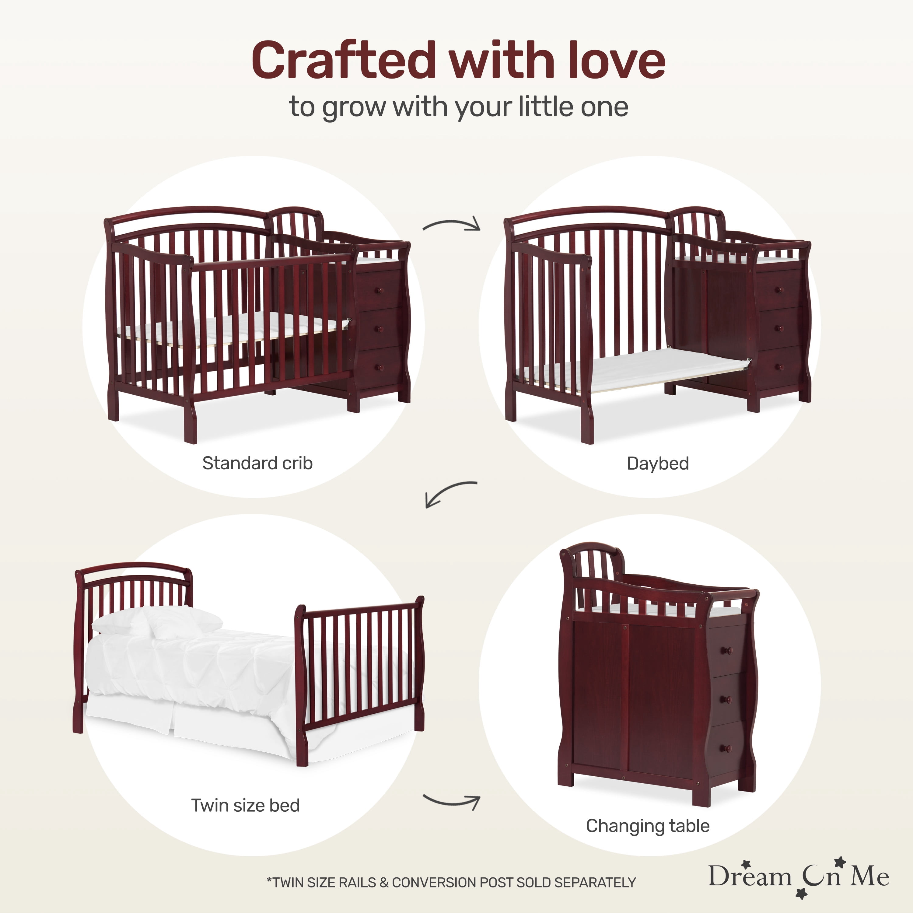 Dream On Me Casco 4-in-1 Mini Crib and Dressing Table Cherry