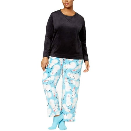 HUE Sueded Fleece Top & Printed Pants with Socks Pajama Set Black Snow Dancer M