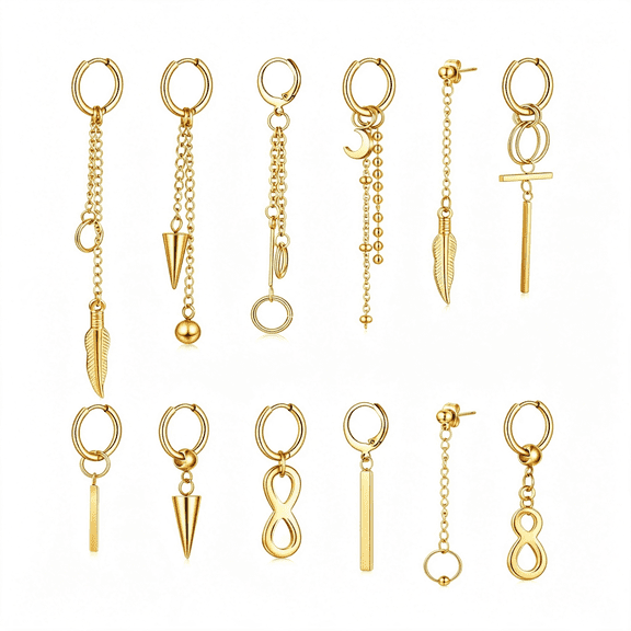 DESIGNICE 12Pcs Dangle Earrings for Men Stainless Steel Hoop Dangling Earring for Men Women Feather Hinged Long Chain,Cool Dangle Earrings for Men