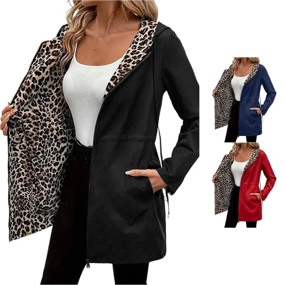 Women's Double-Sided Long Windbreaker with Leopard Print Lining Casual Hooded Thin Jacke