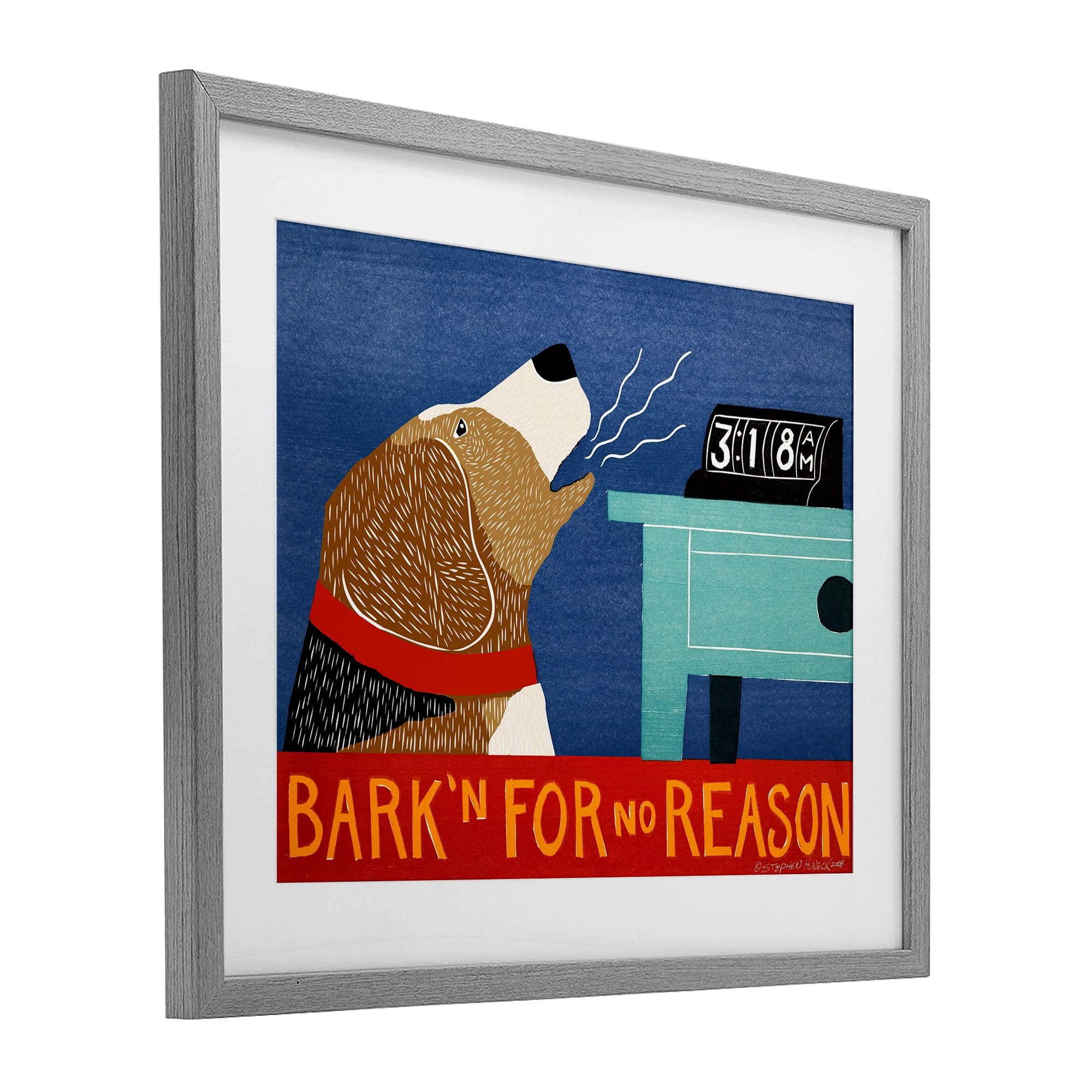 Bark'n For No Reason Gray Framed Print Under Glass, design by Stephen Huneck