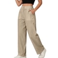 thumbnail image 2 of Atkumj Cotton Linen Pants for Women with Pockets High Waist Button Straight Leg Trouser Pants Casual Solid Color Women Baggy Pants for Everyday Outfit M, 2 of 7