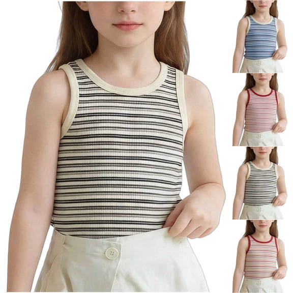 Girls Cropped Tanks - Crew Neck Crop Tank Tops for Girls Casual Striped Print Lightweight Sleeveless Crop Tops Black 9-10 Years