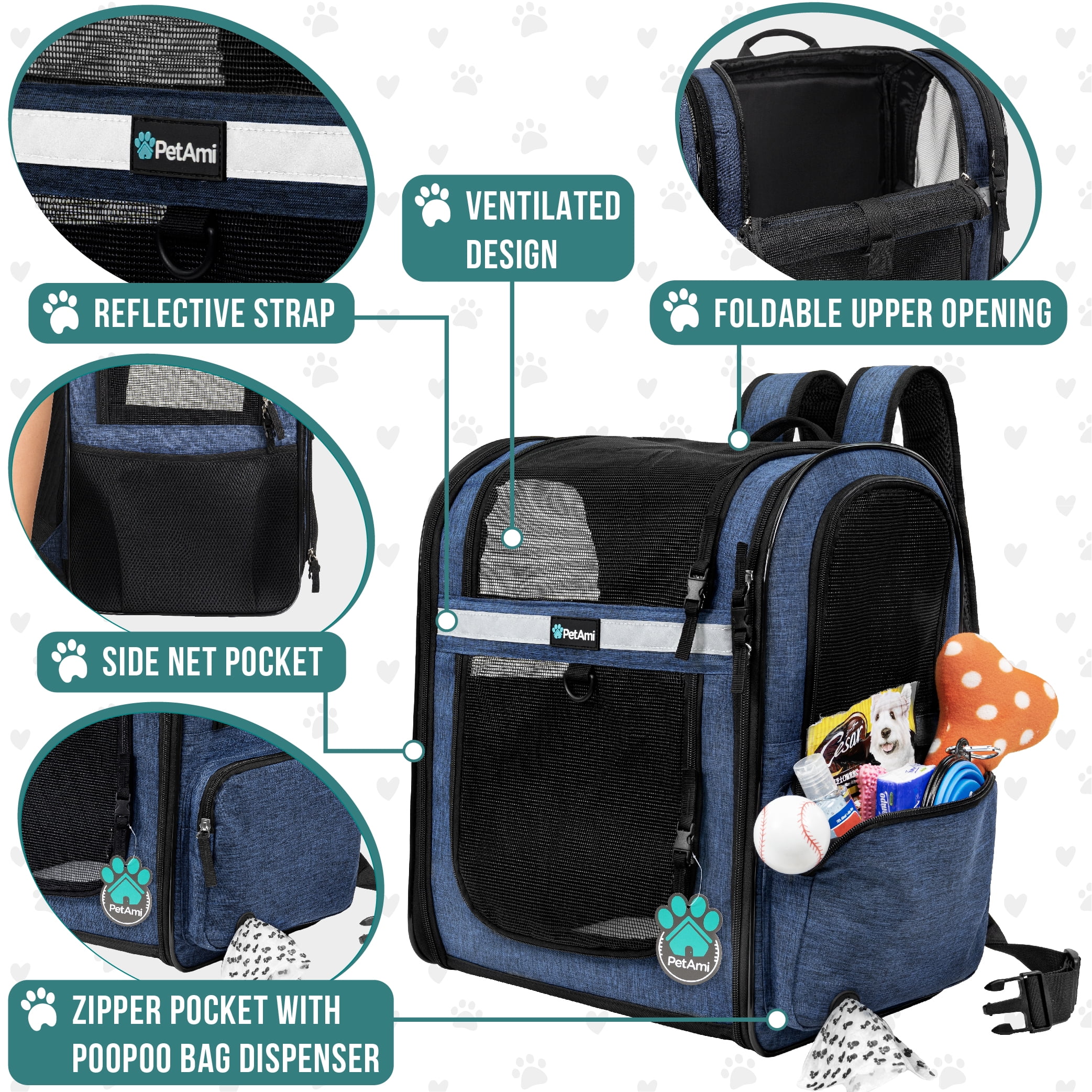 PetAmi Dog Backpack Carrier For Small Large Cat, Pet, Puppies, Ventilated Pet Hiking Backpack Travel Bag, Airline Approved Cat Backpack Carrier, Safety Back Support, Camping Biking, Max 18 lbs, Navy