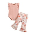 thumbnail image 1 of Infant Baby Girl 2 Pieces Sweet Outfits, Solid Color Ribbed Ruffles Sleeveless Romper + Boho Floral Print Flare Pants Summer Set, 1 of 9