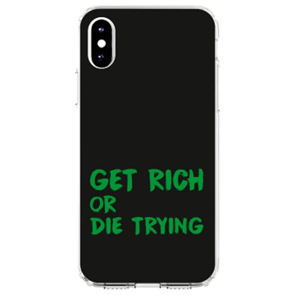 DistinctInk Clear Shockproof Hybrid Case for iPhone XS Max (6.5" Screen) - TPU Bumper, Acrylic Back, Tempered Glass Screen Protector - Get Rich or Die Trying - Black & Green