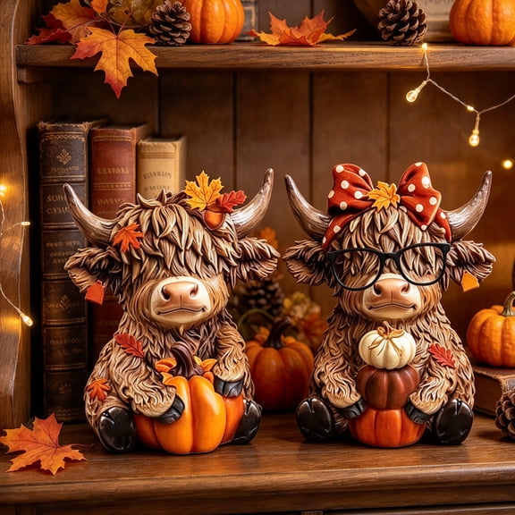 2 Pcs Highland Cow Figurines 4.33 in Resin Fall Harvest Decor for Thanksgiving Tabletop Mantel and Shelf