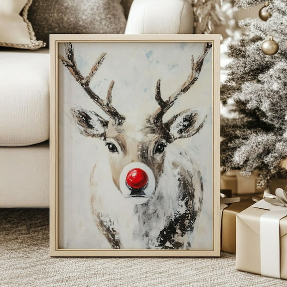 Red Nose Reindeer Print, Antique Christmas Poster, Muted Holiday Season Gallery Art, Vintage White Winter , Moody Cottagecore Art- Wall Art Print, 8x12 UNFRAMED