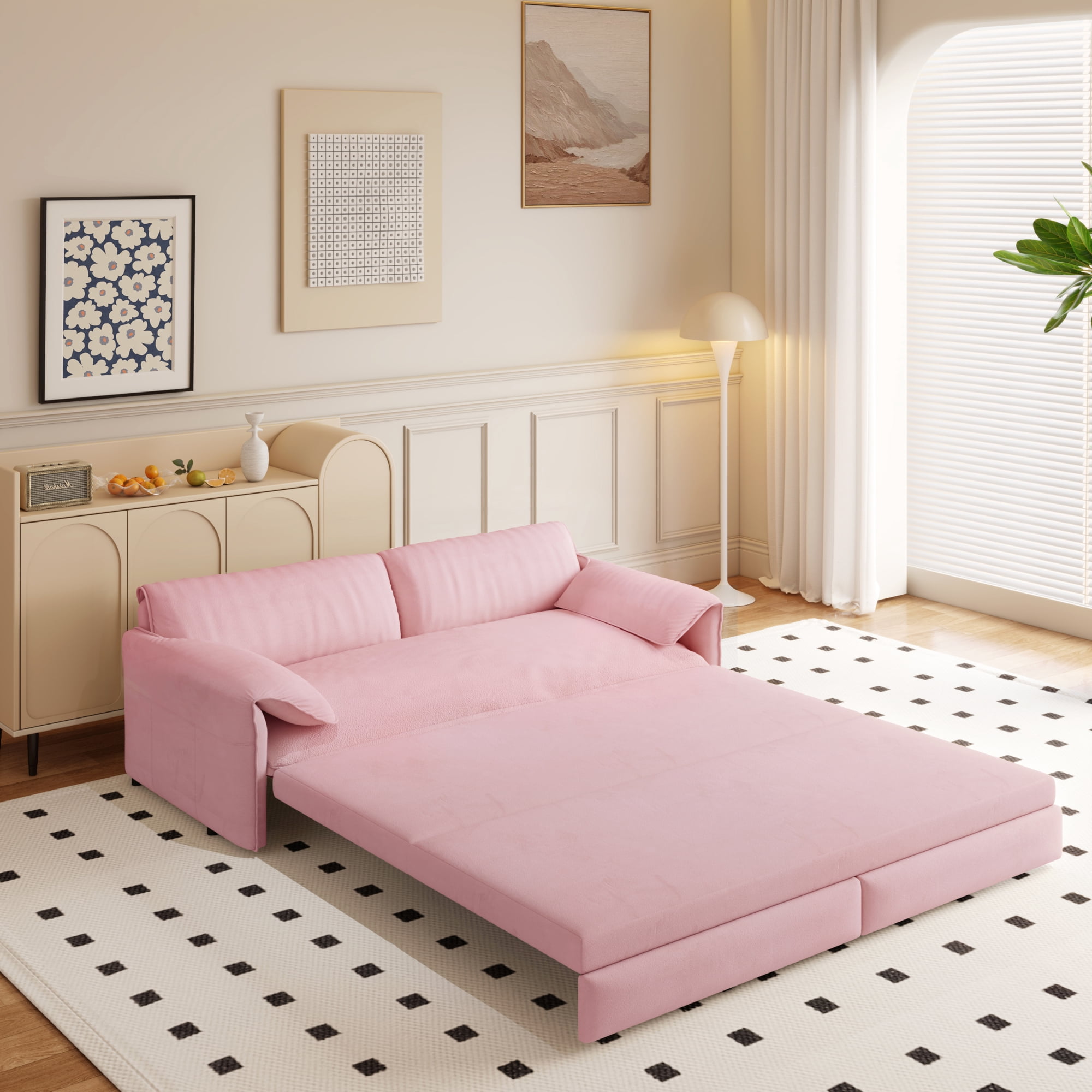 HOQBN Queen Pull Out Sofa Bed, 3-in-1 Convertible Sleeper Sofa with Side Storage,66"W Multi-Functional Velvet Loveseat Sofa Bed for Living Room,Pink