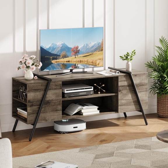 55 Inch Mid Century Modern TV Stand for 50-65 Inch TV, Industrial Media Console with Adjustable Open Shelves & Metal Legs, Oak
