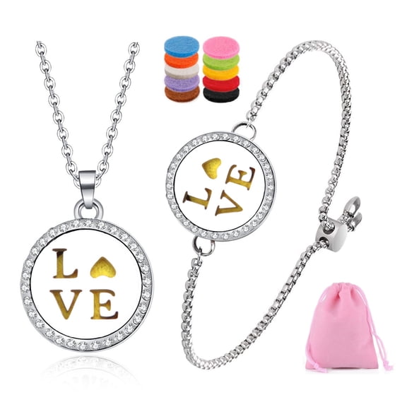 HESHPAWS Stainless Steel Aromatherapy Locket Bracelet and Necklace Set, 7.5 ft C-Chain, Includes 34 Refill Pads