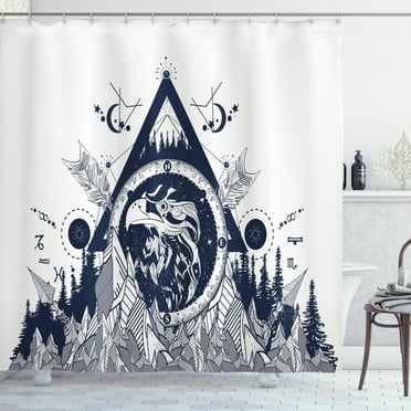Tribal Shower Curtain, Eagle Figure with Forest and Mountains Astrological Symbols Ethnic Design, Fabric Bathroom Set with Hooks, 69W X 75L Inches Long, Dark Blue Off White, by Ambesonne