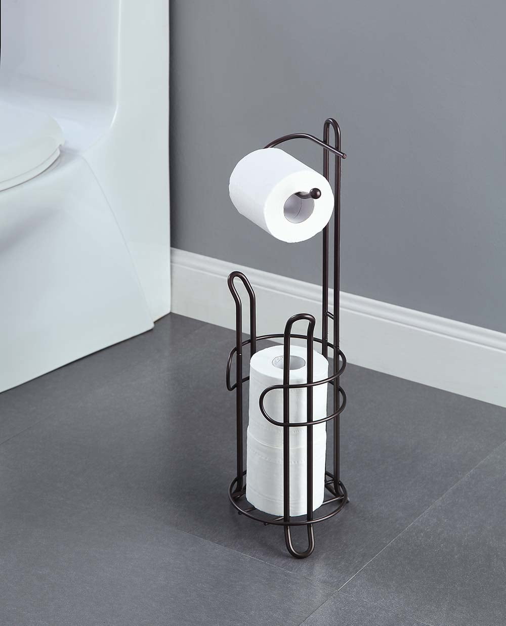 SunnyPoint Freestanding Toilet Paper Holder Stand with Storage – Holds 3 Spare Rolls, Sturdy Steel Construction, Black Finish, for Bathroom & Restroom