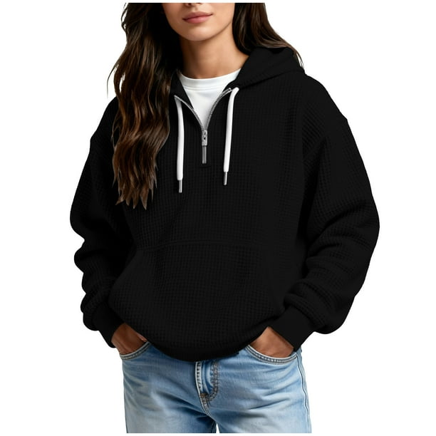 Ounisa Womens Hoodies Casual Long Sleeve Drawstring Waffle Pullover Tops Loose Hooded Sweatshirt with Pocket