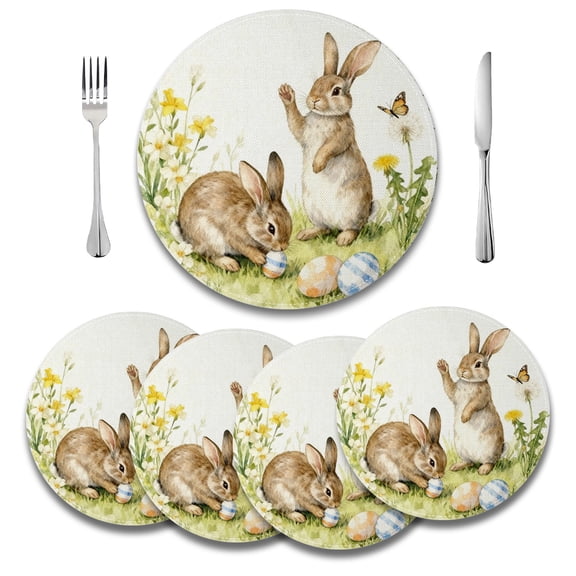 MIZHONA Happy Easter Round Placemats Set of 4,Spring Easter Funny Rabbit Eggs Table Decor 14 inch