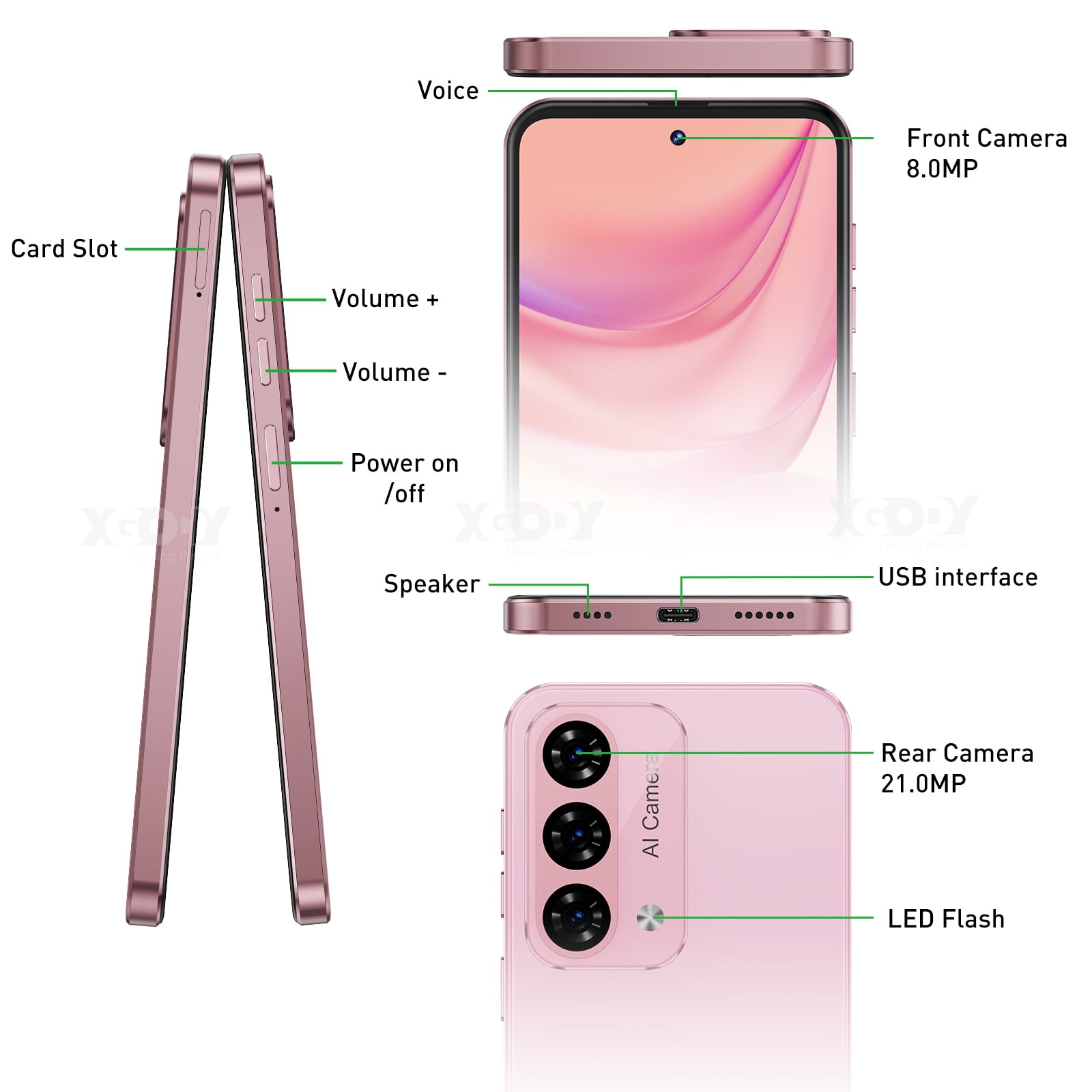 XGODY Mate 60 Unlocked Cell Phone,5280mAh 128GB Android Phone, 6.79" Incell Screen Smartphones, Mobile Phone,Pink