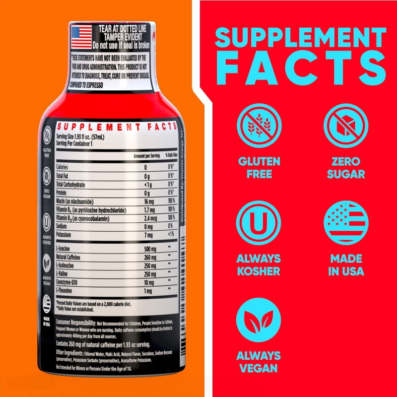 Vitamin Energy Focus+ Extra Strength Shot, Mango, 24 Pack – 260mg Natural Caffeine, CoQ10 & B-Vitamins, Zero Sugar, 1.93 fl oz