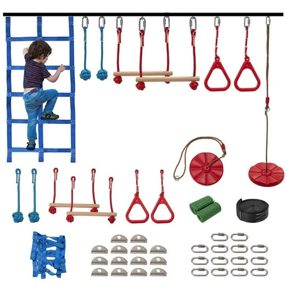 BRONKIGE 50FT Durable Ninja Slackline Kit for Kids with 8 Complete Accessories, Playset Equipment with Swing, Climbing Net, Ladder & Monkey Bars (8 Obstacles)