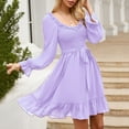 thumbnail image 2 of IROINNID Long Sleeve Dress for Women Solid Spring and Summer Long Sleeve Belt Waist Ruffle Sleeve Round Neck Dress,Purple, 2 of 7