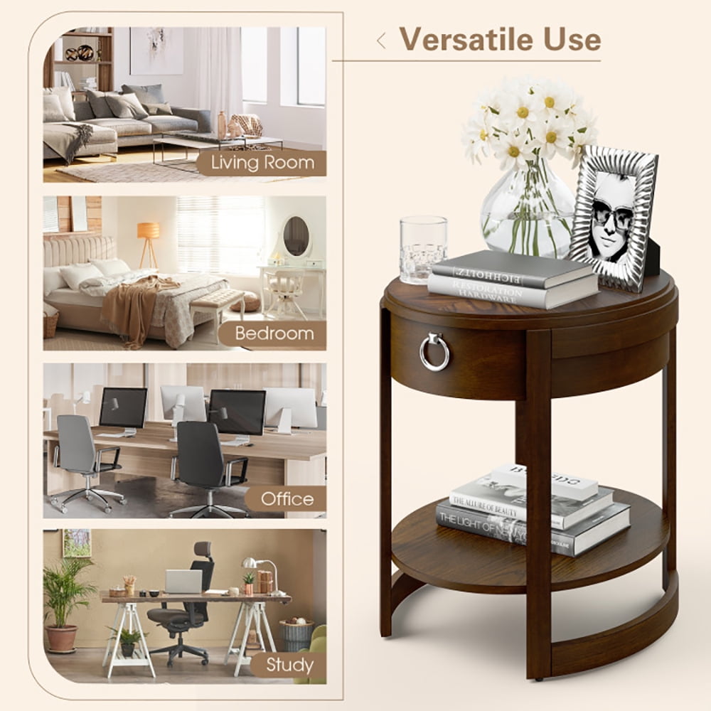 Finihen End Side Table, Sofa Side Table, Bed Side Table, 2-Tier Elliptical End Table with Drawer, for Living Room, Bedroom, Brown Finihen End Side Table, Sofa Side Table, Bed Side Table, 2-Tier Elliptical End Table with Drawer, for Living Room, Bedroom, Brown