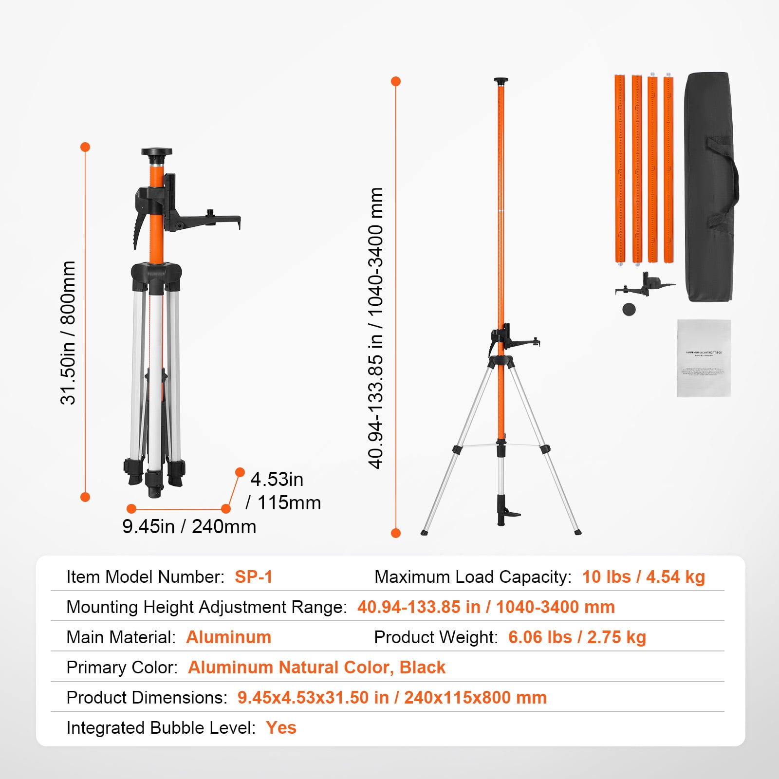 KFFKFF Adjustable Laser Level Tripod, 1/4"-20 & 5/8"-11 Thread Mount, 40.94-133.85 inch Height Range with Level Bubble & Sturdy Stand, Lightweight Aluminum Extendable Tripod for Laser Tools