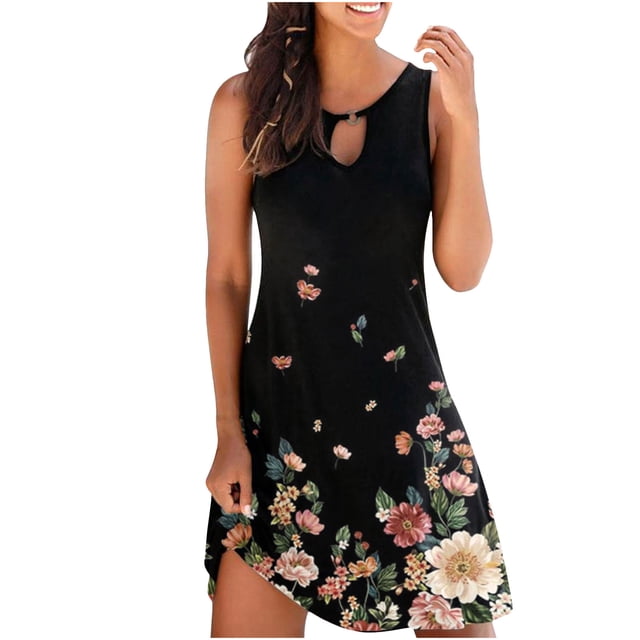 DPTALR Femmes Vintage O-Neck Manches Courtes Imprimé Imprimé Mini-Robes
