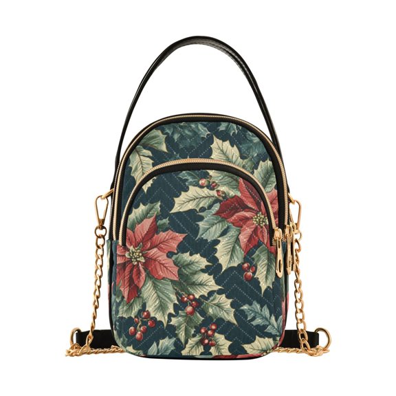 FORMRS Crossbody Bag for Women Quilted Travel Shoulder Cell Phone Purse with Chain Strap Handbag, Retro Christmas Poinsettia