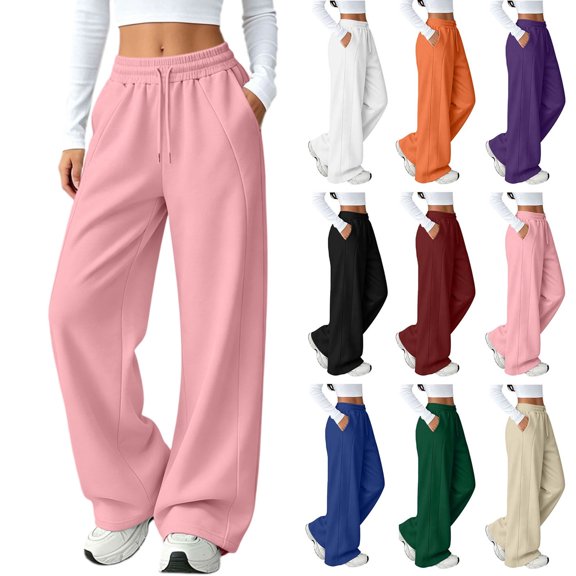 Women's Straight Leg Fleece Sweatpants with Drawstring Casual Drawstring Solid Color Elastic Waist Sports Straight Slim Side Line Track Pants