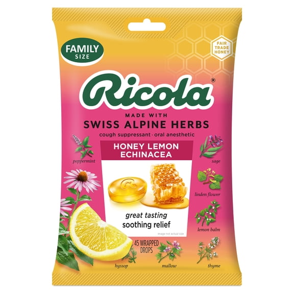 Ricola Honey Lemon with Echinacea Cough Drops - Throat Relief & Cough Suppressant, 45 Count