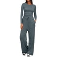 thumbnail image 2 of Women's 2 Piece Matching Lounge Sets,2026 Fall Casual Outfits,Airport Travel Outfit,Athleisure Workout Set,Fall Fashion Staple,Long Sleeve Ruched Top & Drawstring Wide Leg Pants Sets Dark Gray, 2 of 8