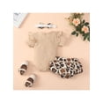 thumbnail image 4 of Seyurigaoka Summer Baby Girls 3 Pieces Outfit, Short Sleeve Letter Embroidery Romper + Floral/Leopard Print Shorts + Headband Set, 4 of 9