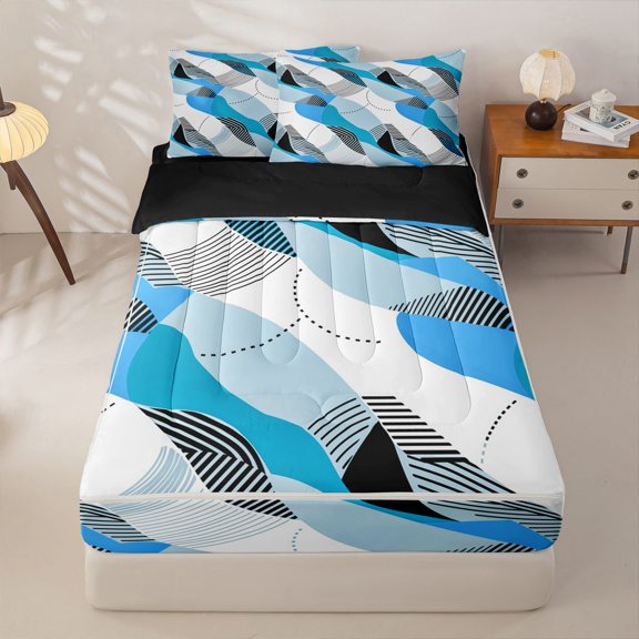 Homewish Bohemian Watercolor Ombre Zipper Twin Comforter Sets with Fitted Sheet and 2 Pillowcases,Abstract Swirl Zipper Bedding Set,Blue,Black Reversible,4pcs