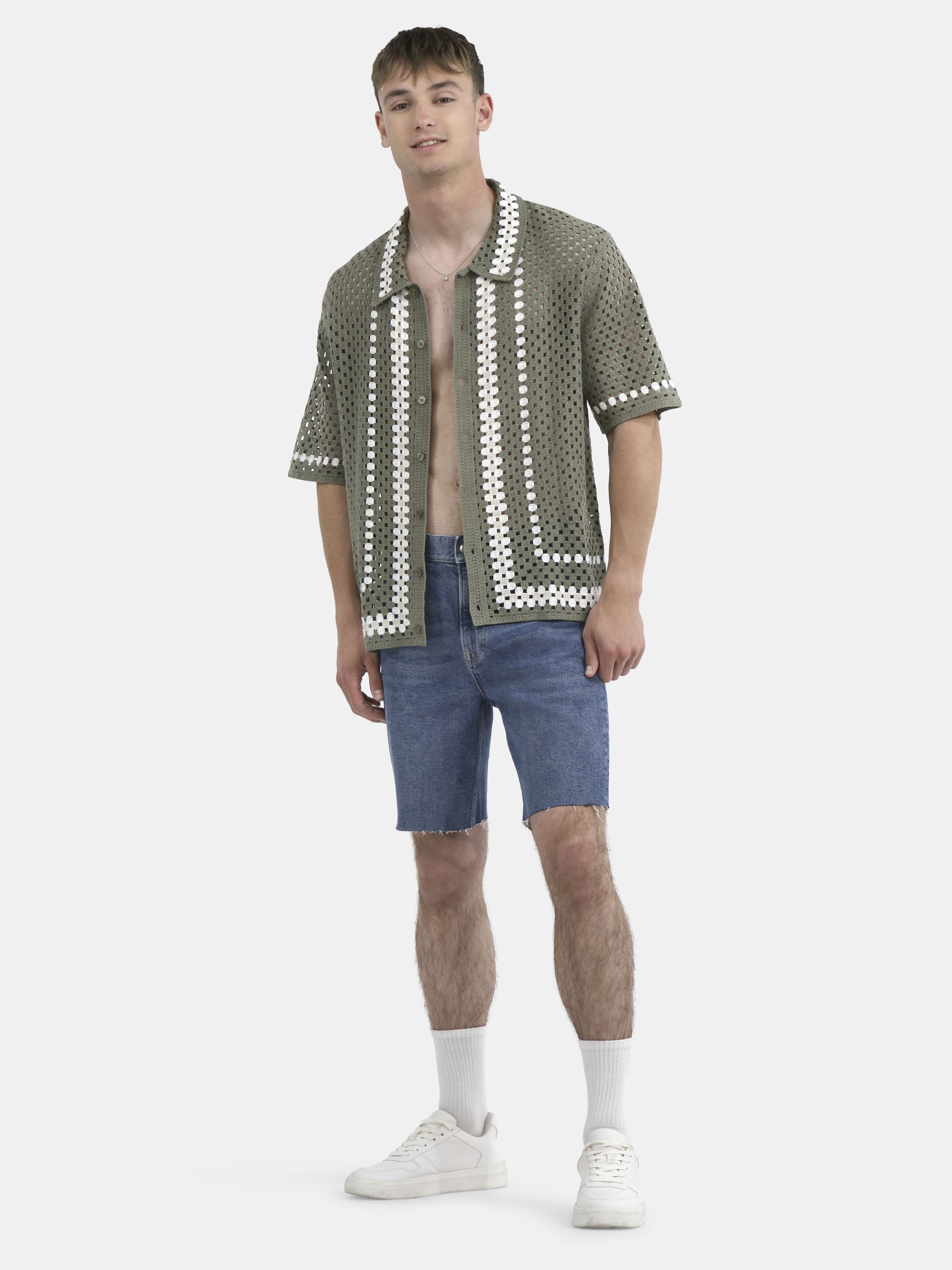 No Boundaries Faux Crochet Button-Up Polo Shirt, Men's and Big Men's