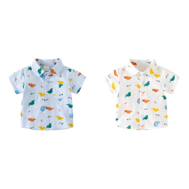 TSADFHJI 2 Pack Gym Tops for Boys Crop Little & Big Boys Short Sleeve Button down Shirt Cartoon Dinosaur Pattern with Pockets for 2 to 8 Years Old 110