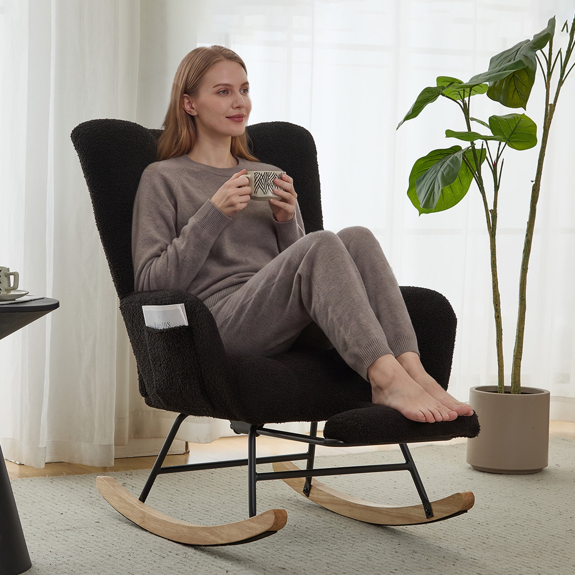 Leumius Nursery Rocking Chair with Footrest,Teddy Fabric Upholstered Glider Rocker Chair with High Backrest,Side Storage Pocket & Solid Wood Legs,Comfy Accent Chair for Living Room Bedroom,Black
